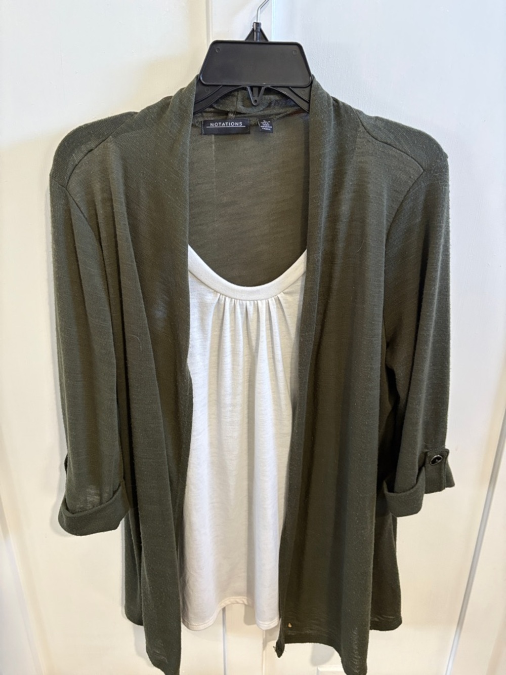 Notations Olive Green Open-Front Cardigan with White Tank Top